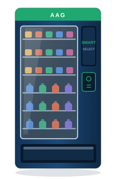 AAG-100 Compact Combo: a narrow snack and cold drink vending machine with a green AAG header and a Smart Select panel